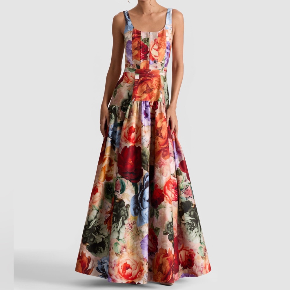 Alice + Olivia Vibrant Floral Drop-Waist Evening Gown